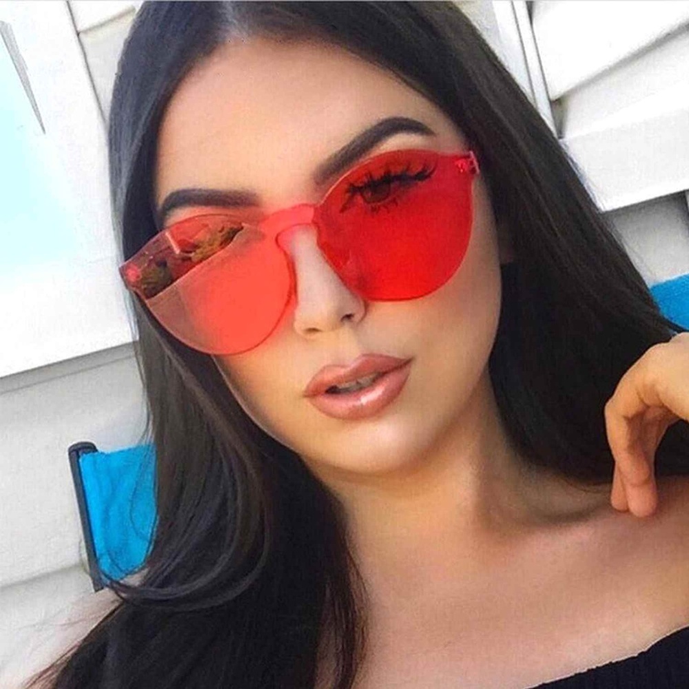 Cat Eye Round Sunglasses Designer Rimless Red